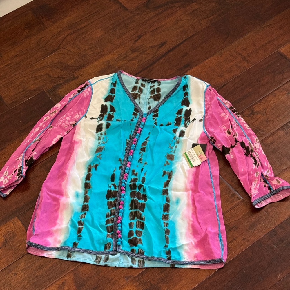 John Mark Blue and pink with Brown Patterned silk Top